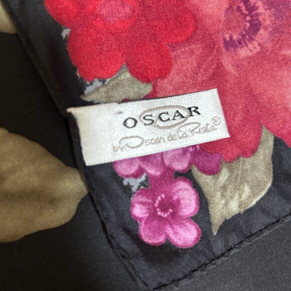 Vintage Oscar de la Renta silk scarf black red pink floral long rectangle drama - Picture 6 of 8